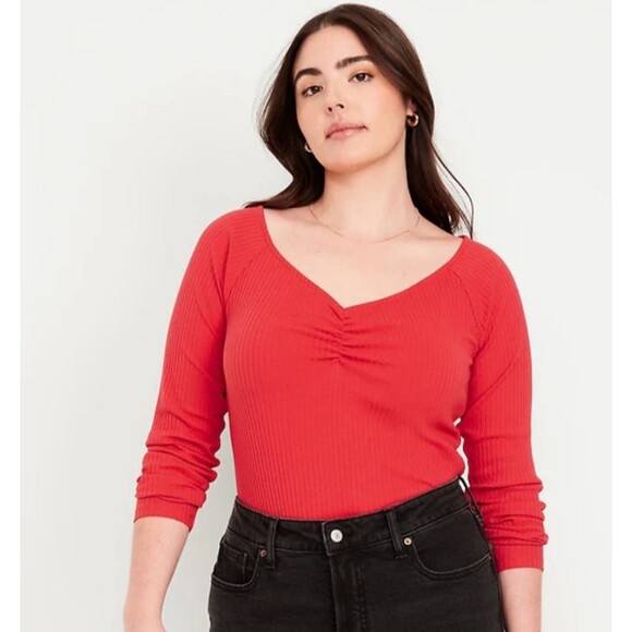 OLD NAVY Bright Coral Fitted Cinched Rib Knit V-Neck Top Women's M Tall NEW - Picture 1 of 5
